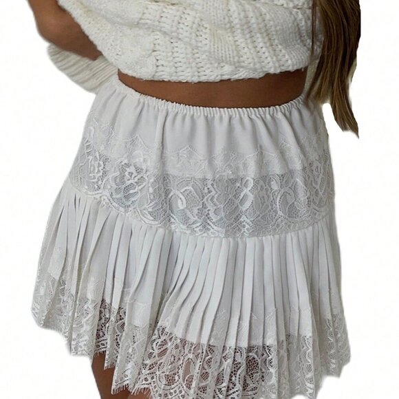 White Casual Women's Eyelash Lace Trim Short Mini Skirt High Waist Pleated Ruffl - Picture 7 of 8